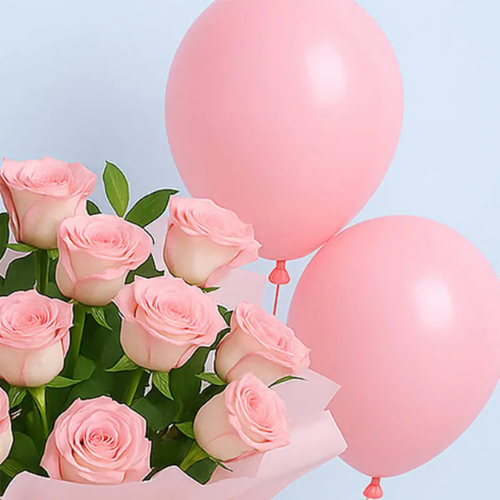 Romantic Pink Roses & Balloon Delight Gift