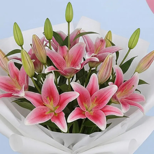Pink Lilies with Cheerful Balloons Bouquet