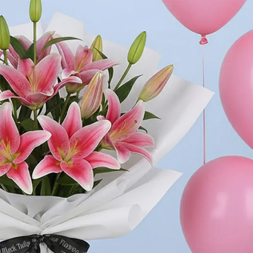 Pink Lilies with Cheerful Balloons Bouquet
