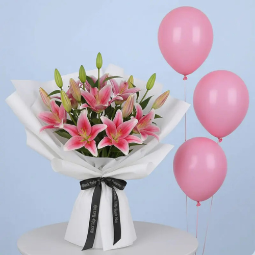 Pink Lilies with Cheerful Balloons Bouquet