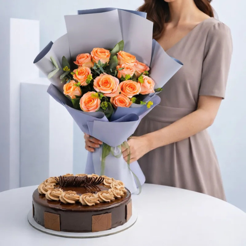 Orange Rose & Chocolate Cake Gift Combo