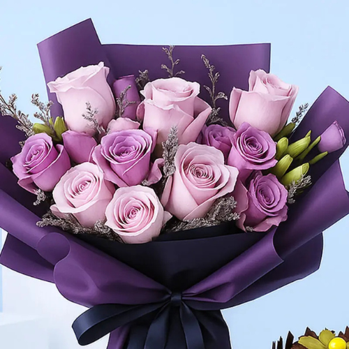 Purple Flower Bouquet with Birthday Cake