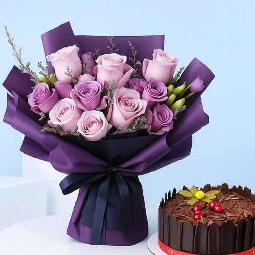 Purple Flower Bouquet with Birthday Cake