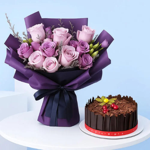 Purple Flower Bouquet with Birthday Cake