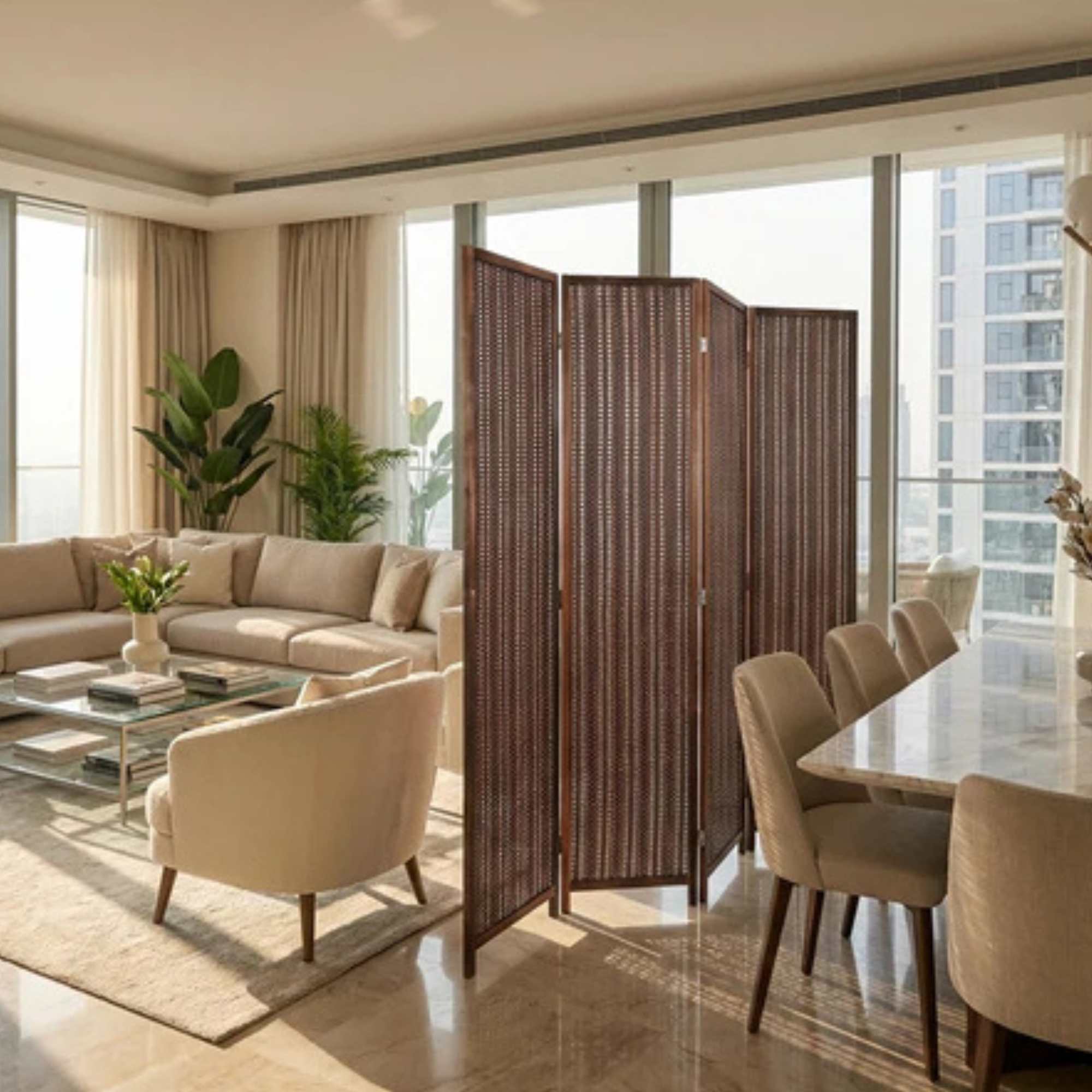 Four Panel Wooden Room Divider Screen