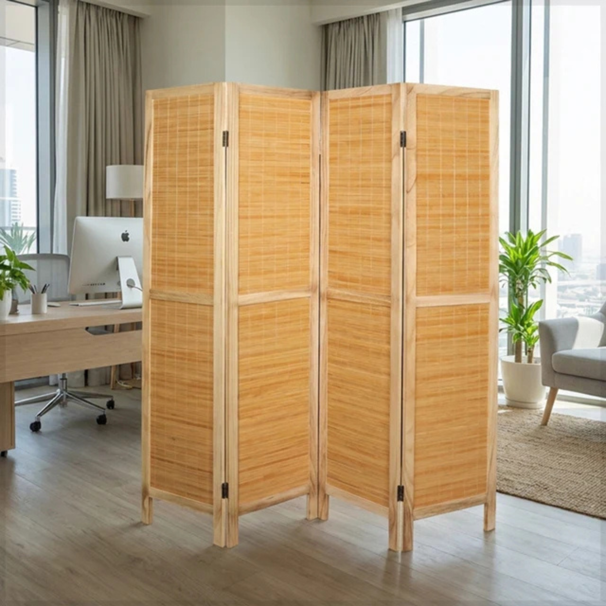 Four Panel Wooden Room Divider Screen