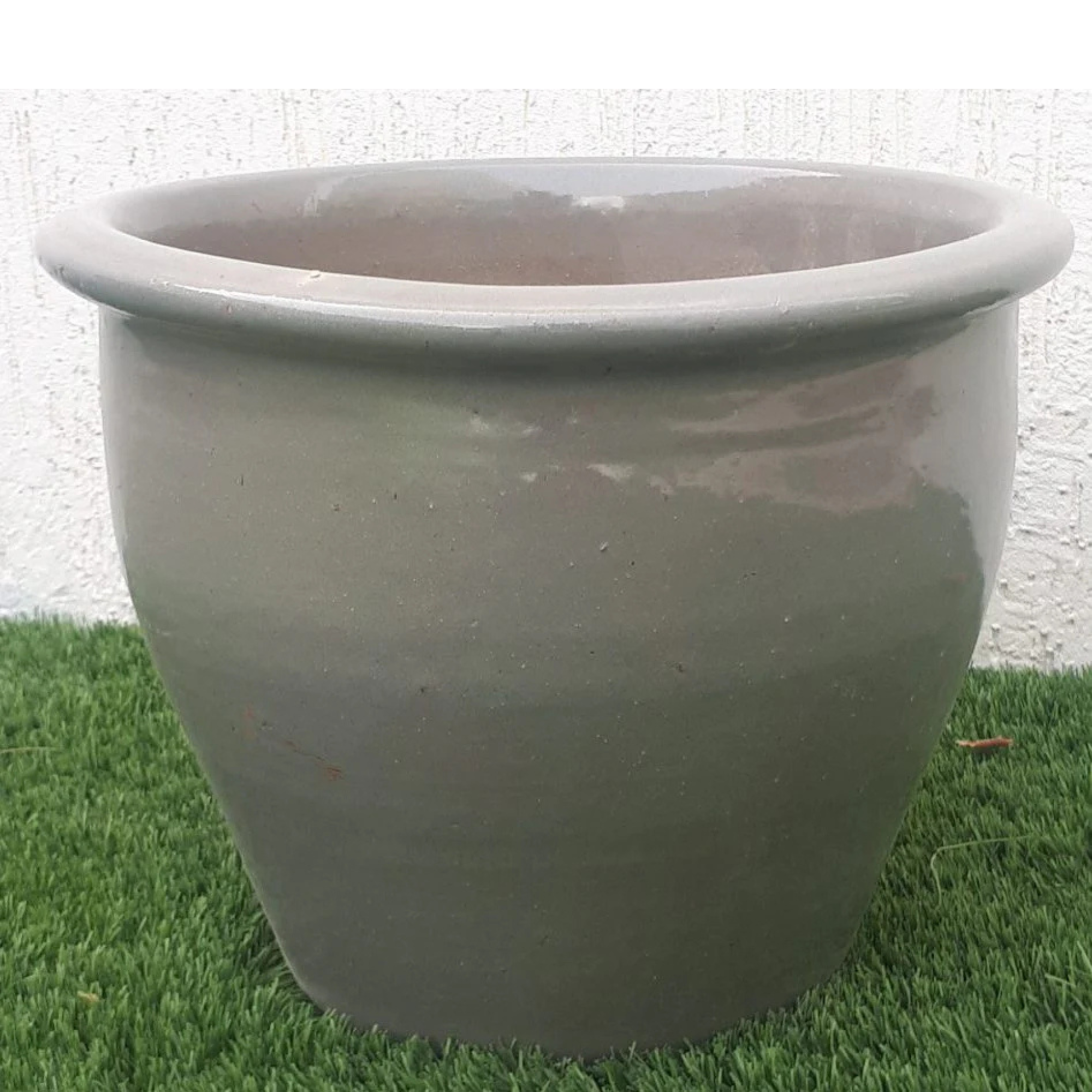 Trendy Outdoor Light Grey Rolled Rim Ceramic Pots