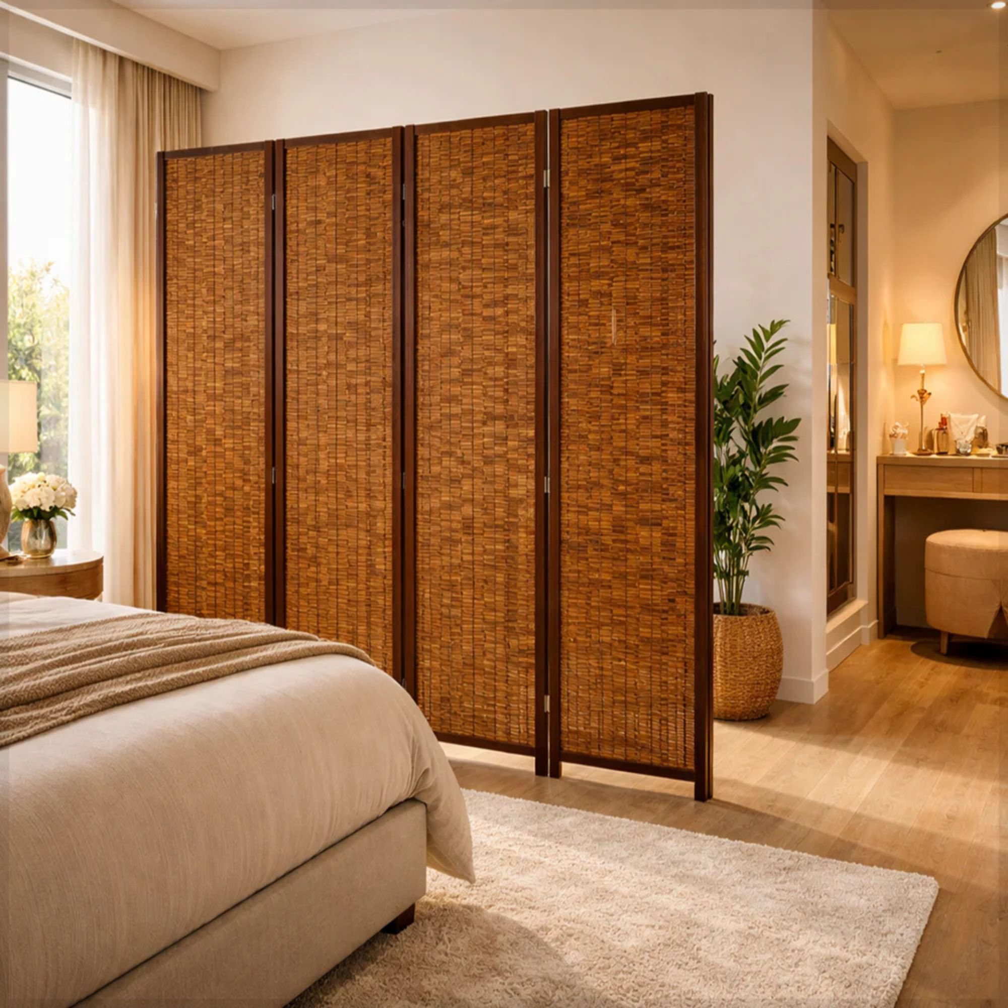 Four Panel Wooden Room Divider Screen