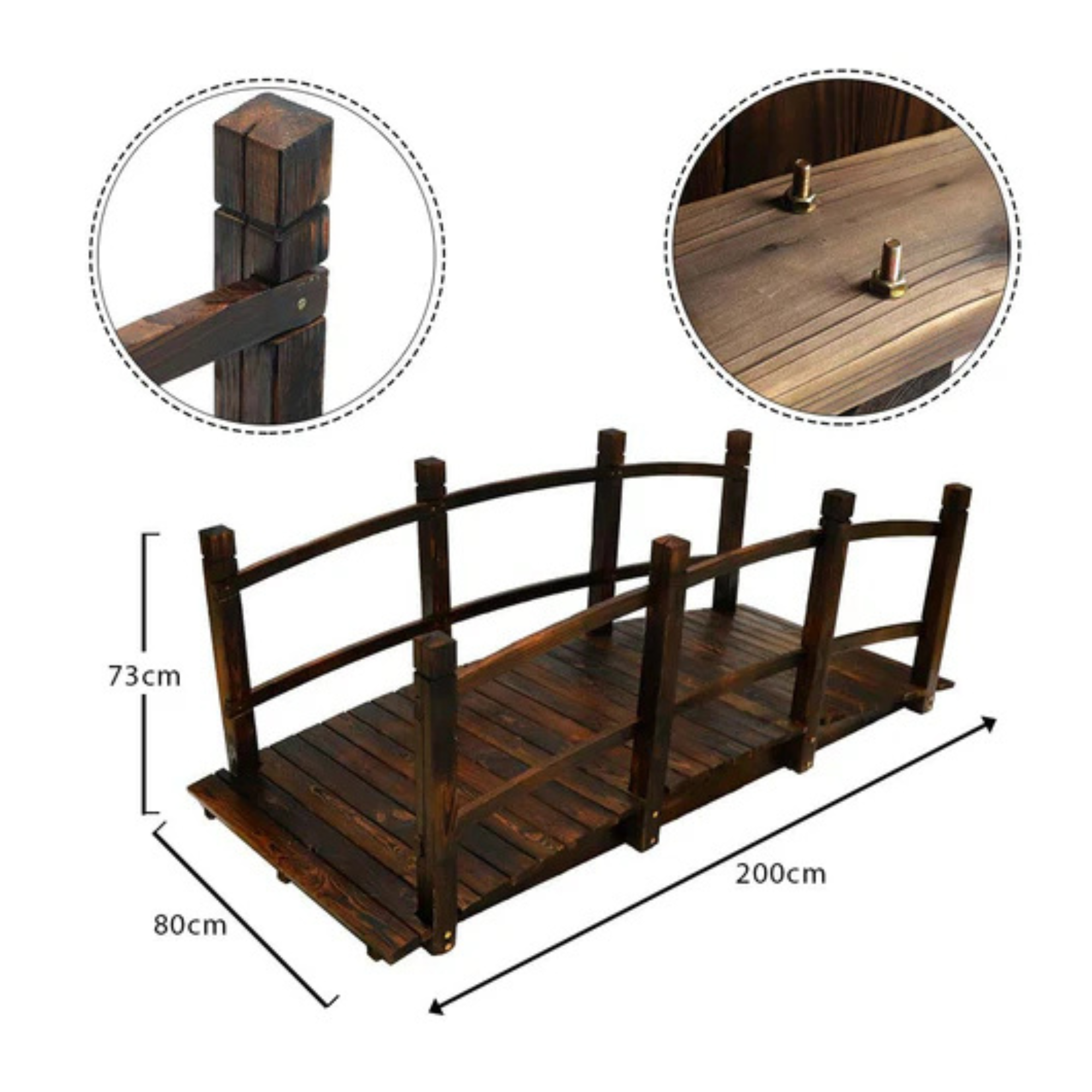 1-Piece Wooden Garden Arc Bridge with Railings (Only Bridge)