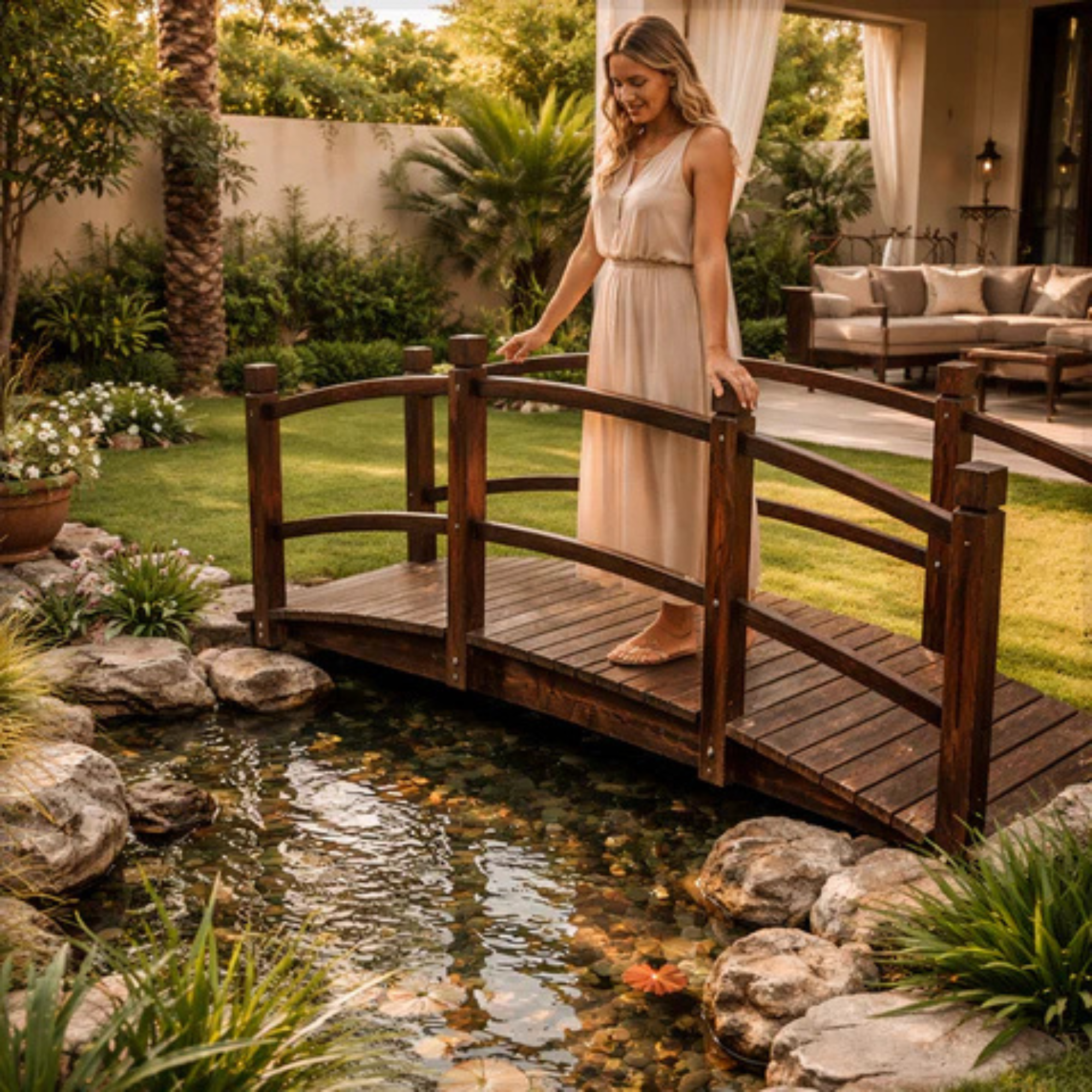 1-Piece Wooden Garden Arc Bridge with Railings (Only Bridge)