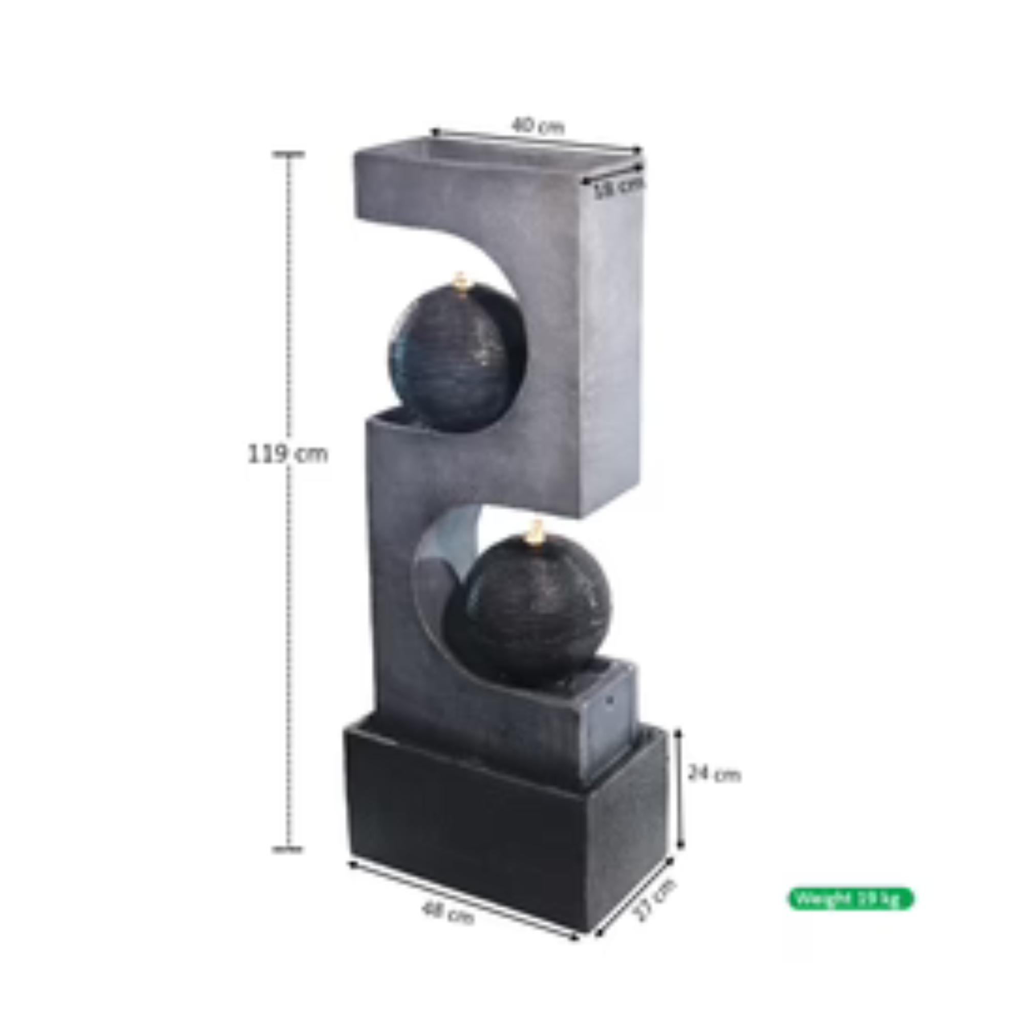 1Pcs 2Tier Water Fountain Modern Stacked Sphere Spillway Garden Decor with Pump and Light(Only Fountain)