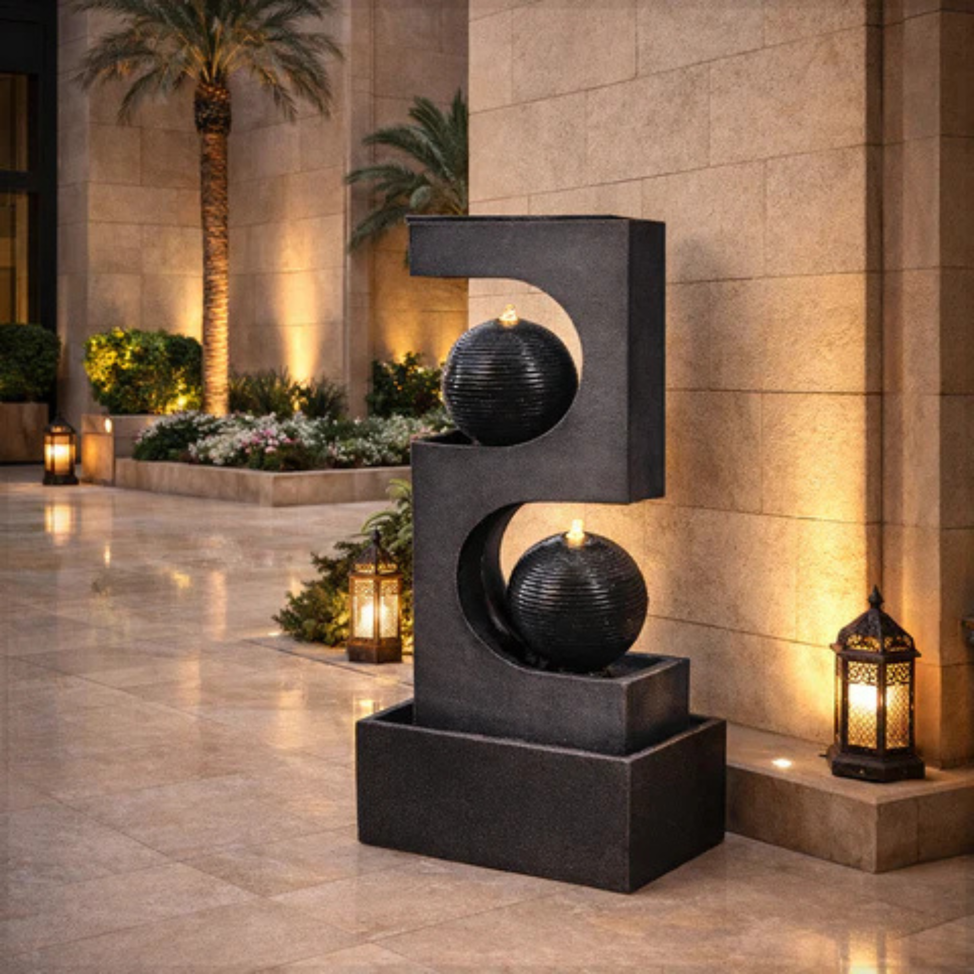 1Pcs 2Tier Water Fountain Modern Stacked Sphere Spillway Garden Decor with Pump and Light(Only Fountain)
