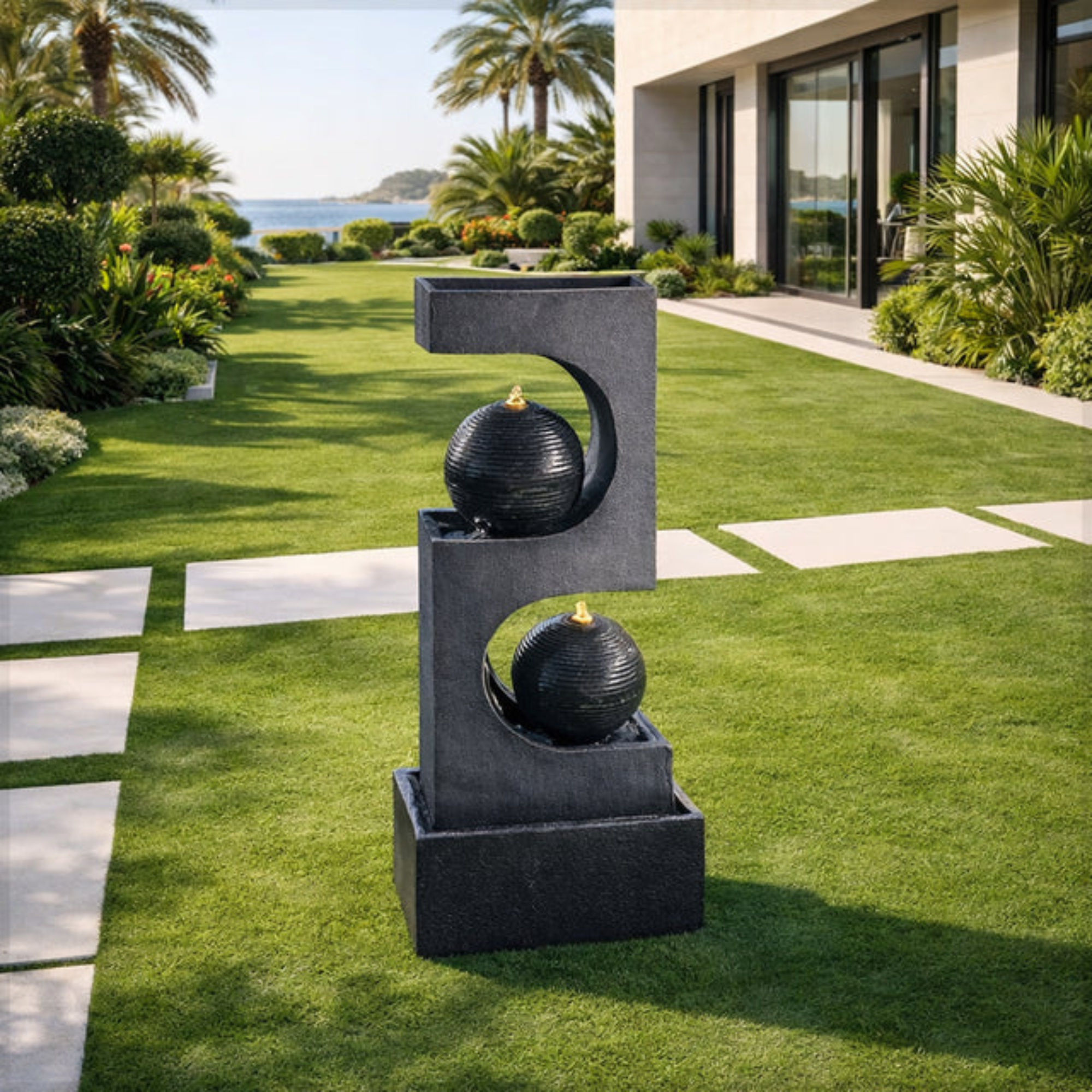 1Pcs 2Tier Water Fountain Modern Stacked Sphere Spillway Garden Decor with Pump and Light(Only Fountain)