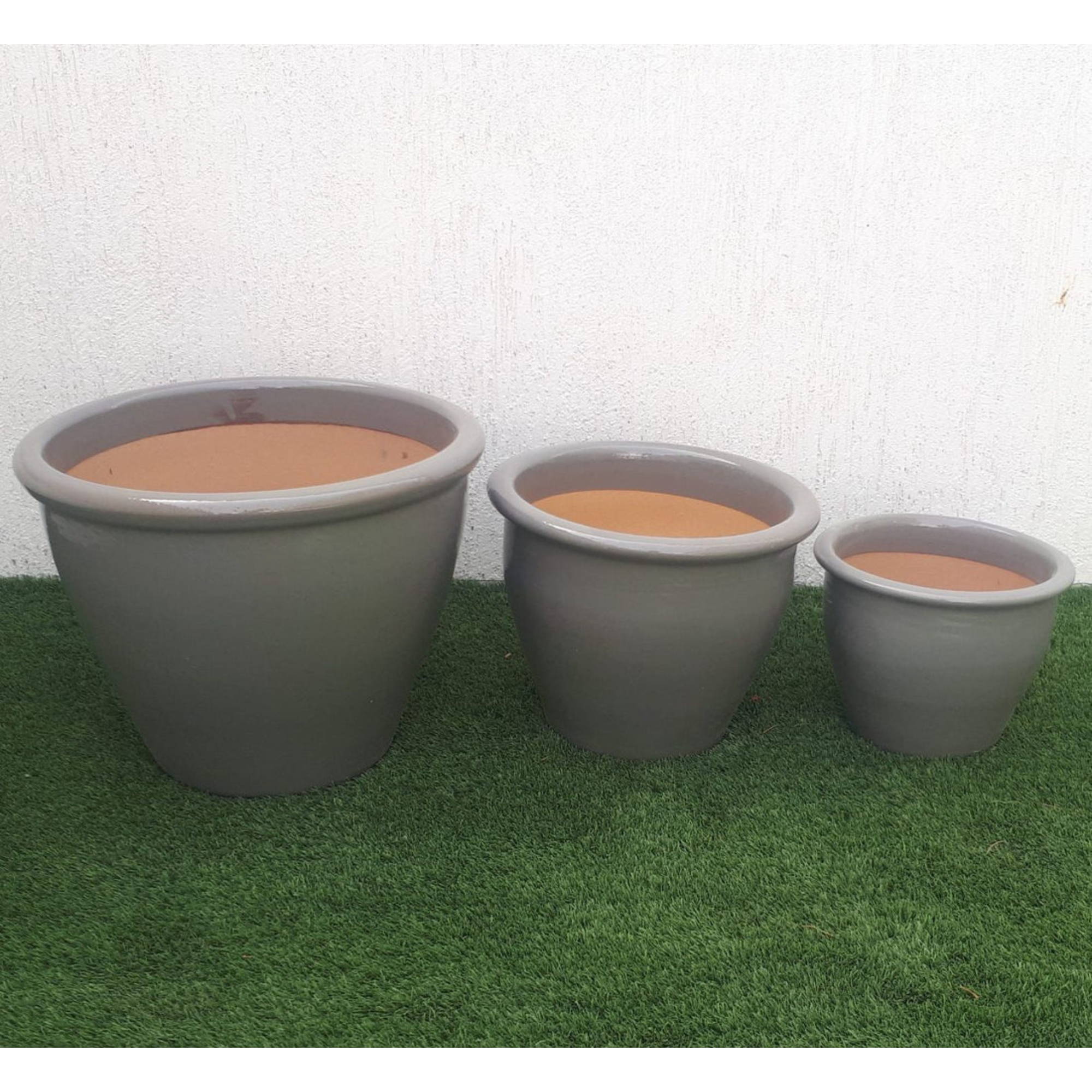 Trendy Outdoor Light Grey Rolled Rim Ceramic Pots